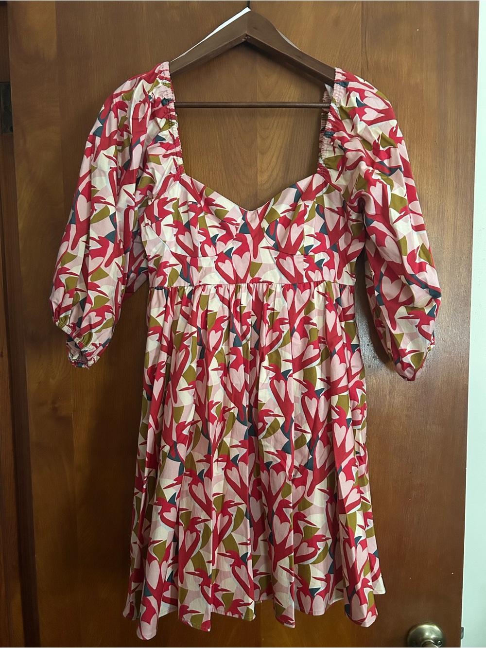 Hutch Abstract Heart Print Puff Sleeve Mini Dress | Sz 4 | GUC | Red Pink Olive